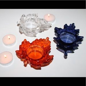 Autumn Harvest Leaf Shaped Glass Tealight Candle Holder set of 3 NWT